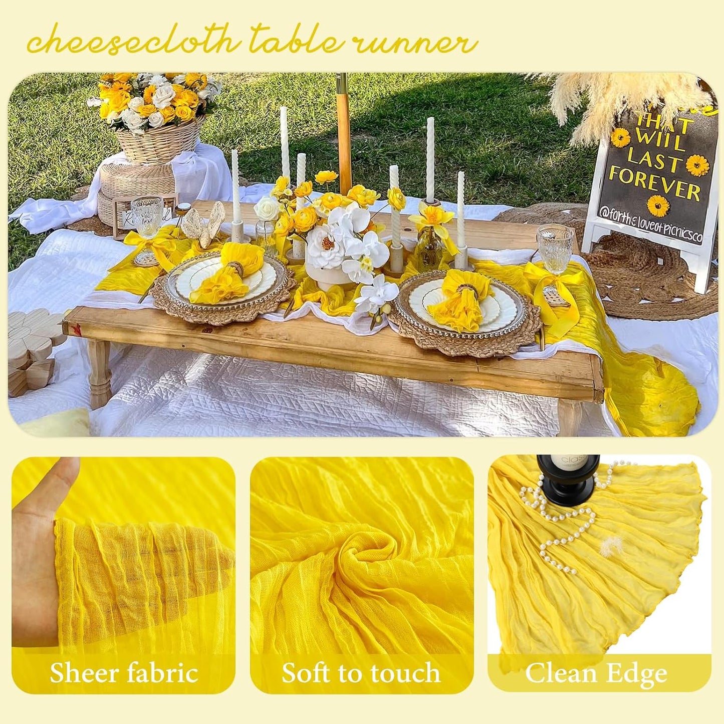 10 Pack Lemon Yellow Cheesecloth Table Runner 17x108 Inch Spring Table Runner Gauze Rustic Boho Cheese Cloth Sheer Table Décor for Wedding Party Holiday Banquet Bridal Baby Shower Decorations