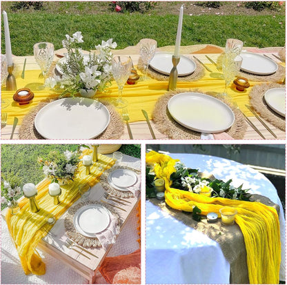 10 Pack Lemon Yellow Cheesecloth Table Runner 17x108 Inch Spring Table Runner Gauze Rustic Boho Cheese Cloth Sheer Table Décor for Wedding Party Holiday Banquet Bridal Baby Shower Decorations