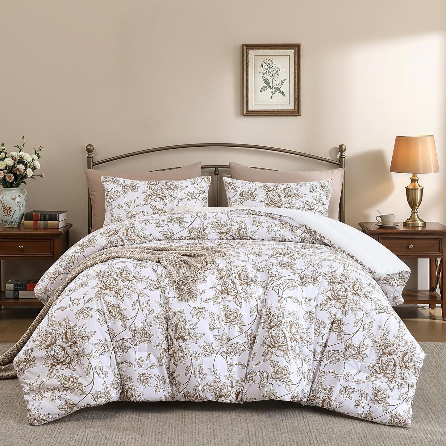 King Size Comforter Set Yellow Khaki Comforter Floral Peony Pattern Bedding Sets 3 Pieces Flowers Soft Lightweight Warm Breathable 1 Bed Comforter (104"x90") with 2 Pillow Shams (20"x36")