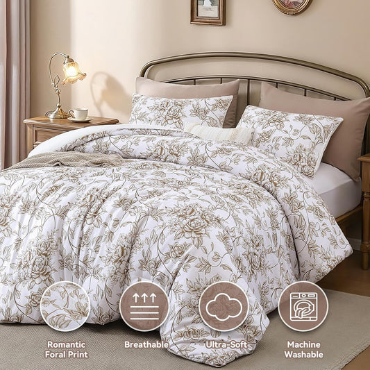 King Size Comforter Set Yellow Khaki Comforter Floral Peony Pattern Bedding Sets 3 Pieces Flowers Soft Lightweight Warm Breathable 1 Bed Comforter (104"x90") with 2 Pillow Shams (20"x36")