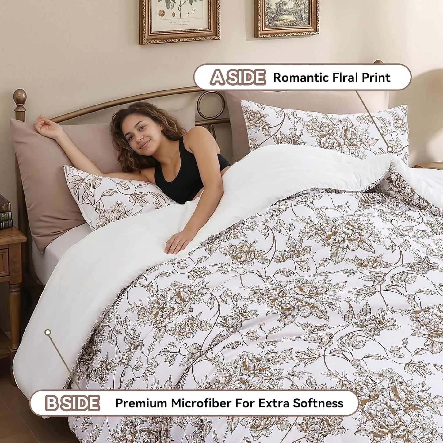 King Size Comforter Set Yellow Khaki Comforter Floral Peony Pattern Bedding Sets 3 Pieces Flowers Soft Lightweight Warm Breathable 1 Bed Comforter (104"x90") with 2 Pillow Shams (20"x36")