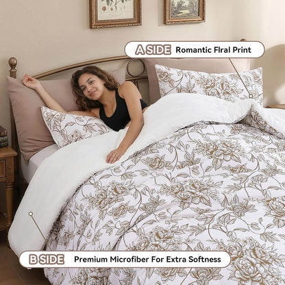 King Size Comforter Set Yellow Khaki Comforter Floral Peony Pattern Bedding Sets 3 Pieces Flowers Soft Lightweight Warm Breathable 1 Bed Comforter (104"x90") with 2 Pillow Shams (20"x36")