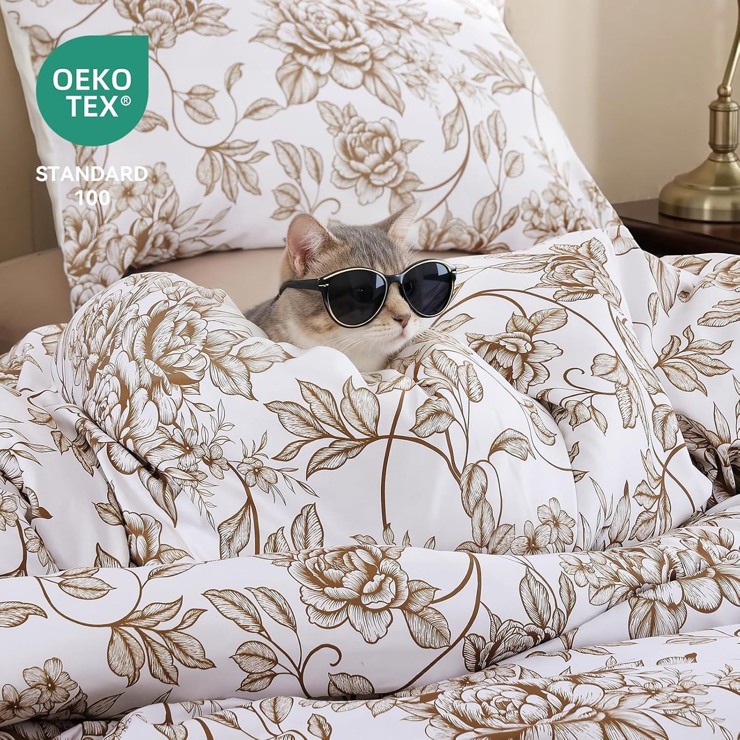 King Size Comforter Set Yellow Khaki Comforter Floral Peony Pattern Bedding Sets 3 Pieces Flowers Soft Lightweight Warm Breathable 1 Bed Comforter (104"x90") with 2 Pillow Shams (20"x36")