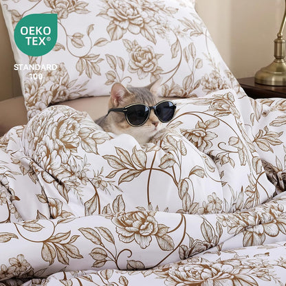 King Size Comforter Set Yellow Khaki Comforter Floral Peony Pattern Bedding Sets 3 Pieces Flowers Soft Lightweight Warm Breathable 1 Bed Comforter (104"x90") with 2 Pillow Shams (20"x36")