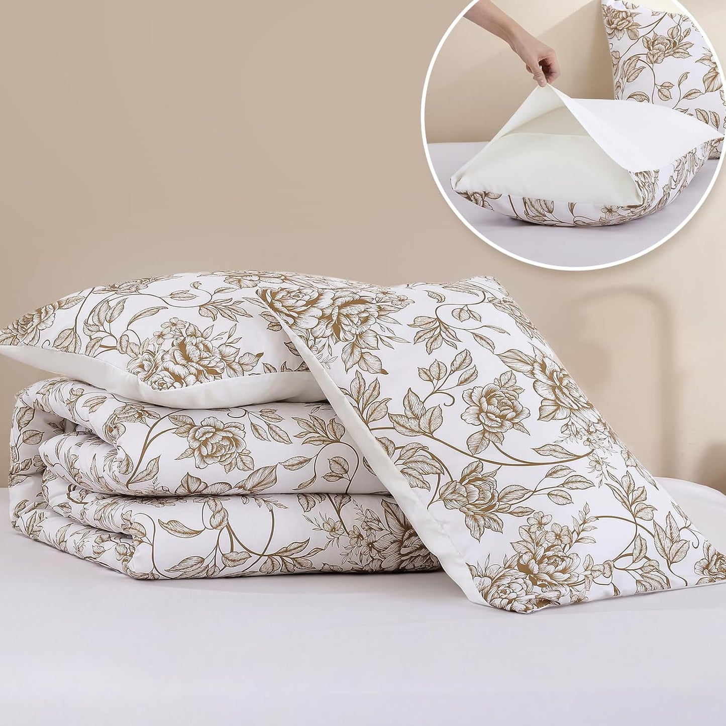 King Size Comforter Set Yellow Khaki Comforter Floral Peony Pattern Bedding Sets 3 Pieces Flowers Soft Lightweight Warm Breathable 1 Bed Comforter (104"x90") with 2 Pillow Shams (20"x36")