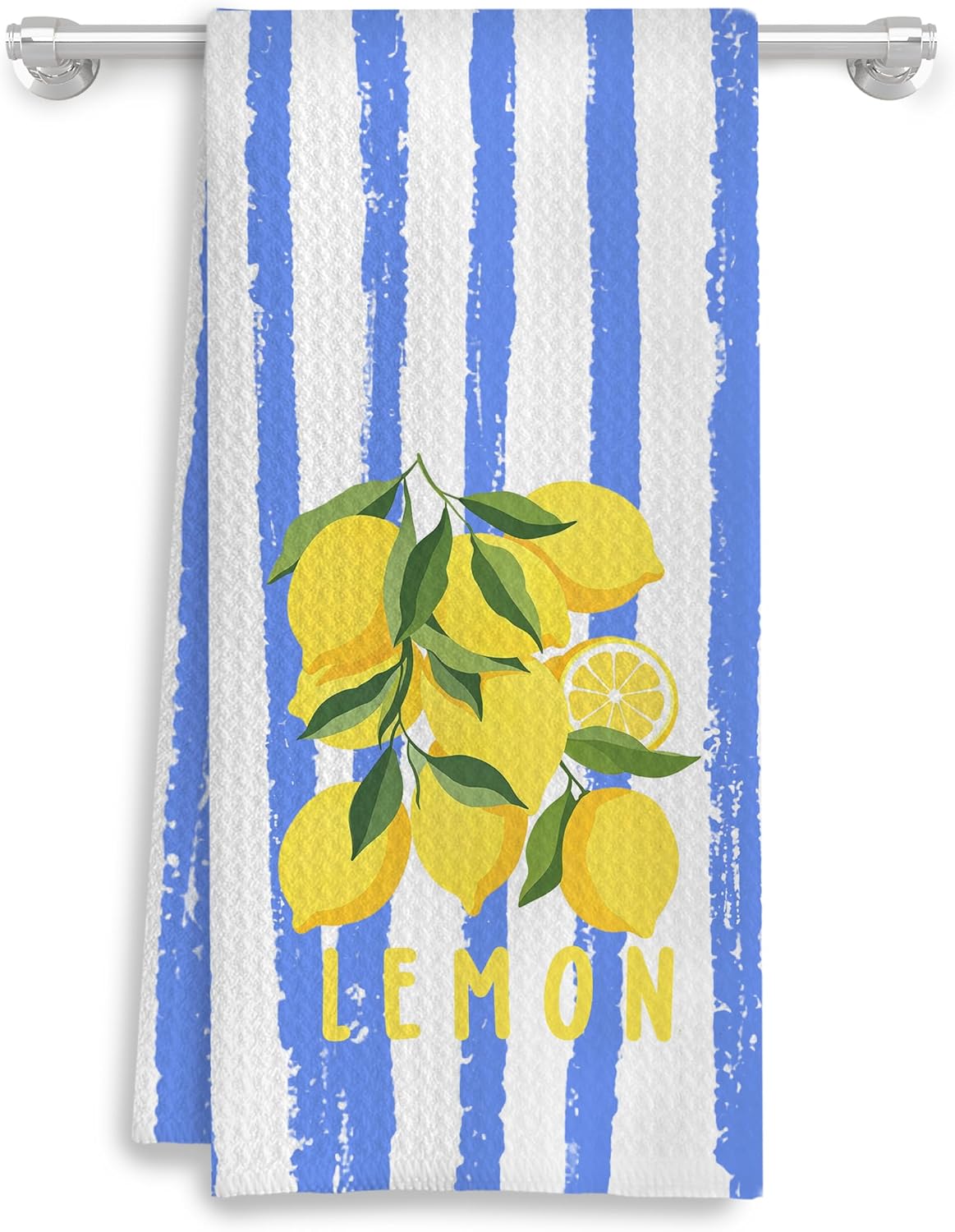 Summer Lemon Kitchen Towels, Blue and White Striped Citrus Fruit Decorative Dish Tea Hand Towels for Kitchen, Lemon Bathroom Decor, 16x24 Inch