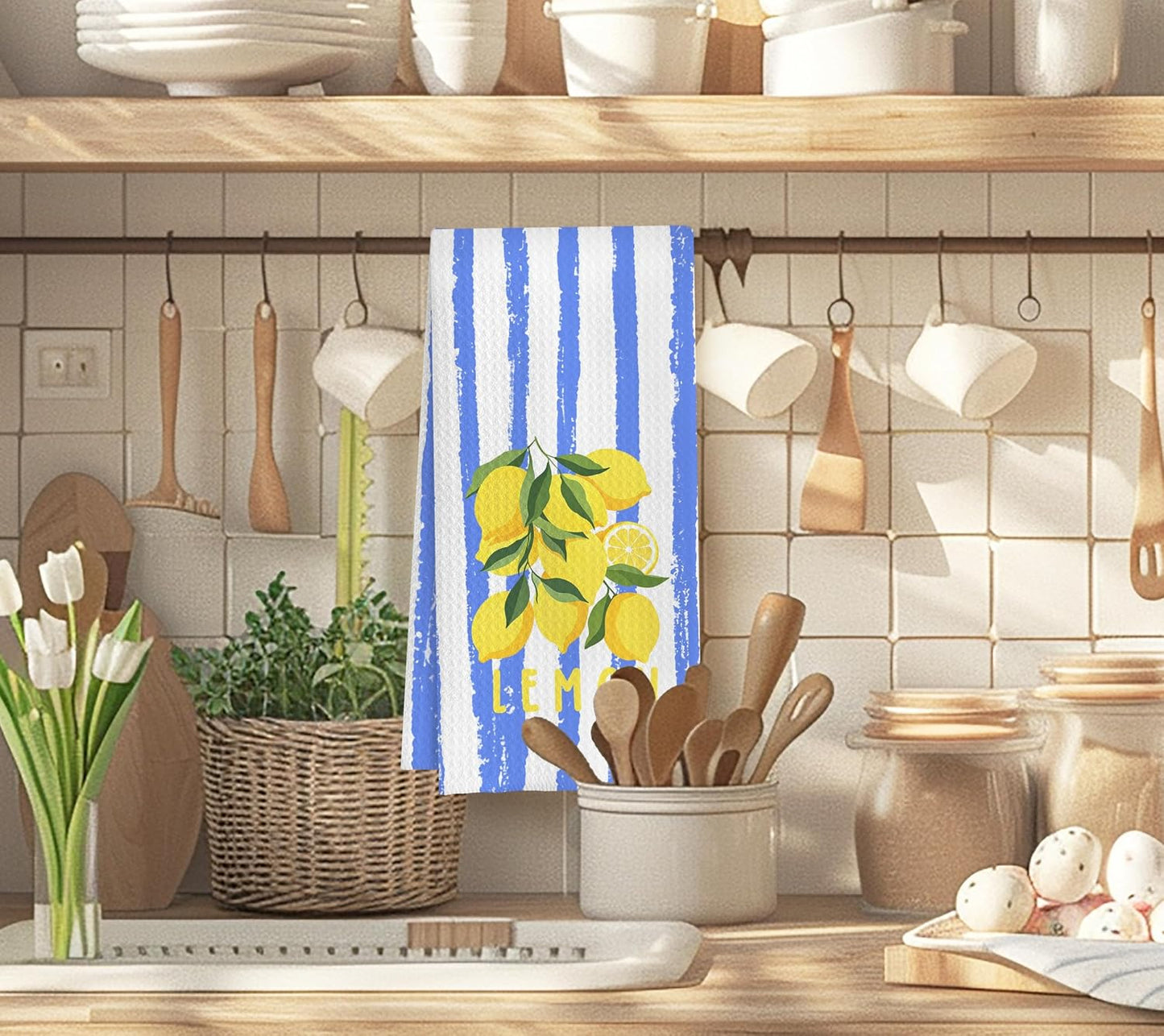 Summer Lemon Kitchen Towels, Blue and White Striped Citrus Fruit Decorative Dish Tea Hand Towels for Kitchen, Lemon Bathroom Decor, 16x24 Inch