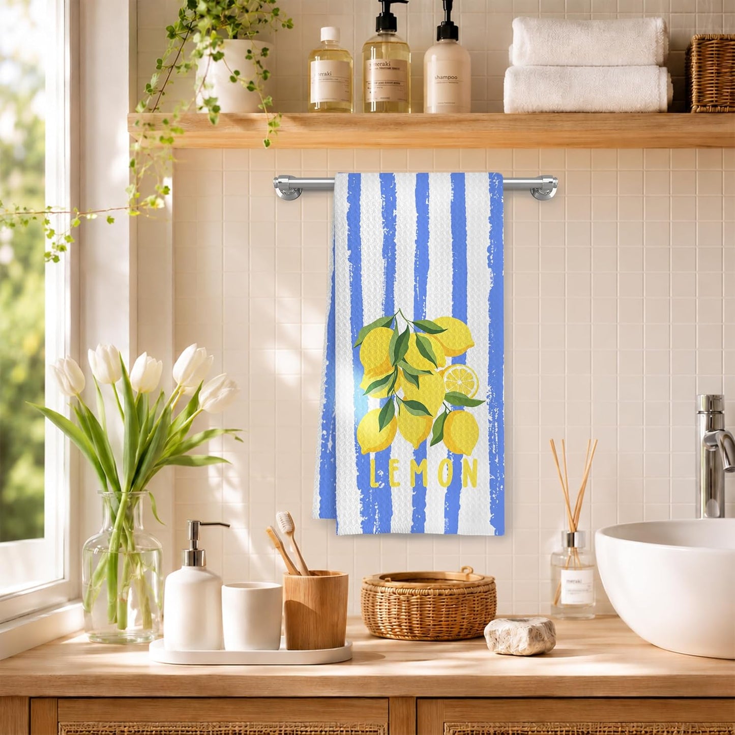 Summer Lemon Kitchen Towels, Blue and White Striped Citrus Fruit Decorative Dish Tea Hand Towels for Kitchen, Lemon Bathroom Decor, 16x24 Inch