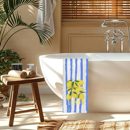 Summer Lemon Kitchen Towels, Blue and White Striped Citrus Fruit Decorative Dish Tea Hand Towels for Kitchen, Lemon Bathroom Decor, 16x24 Inch