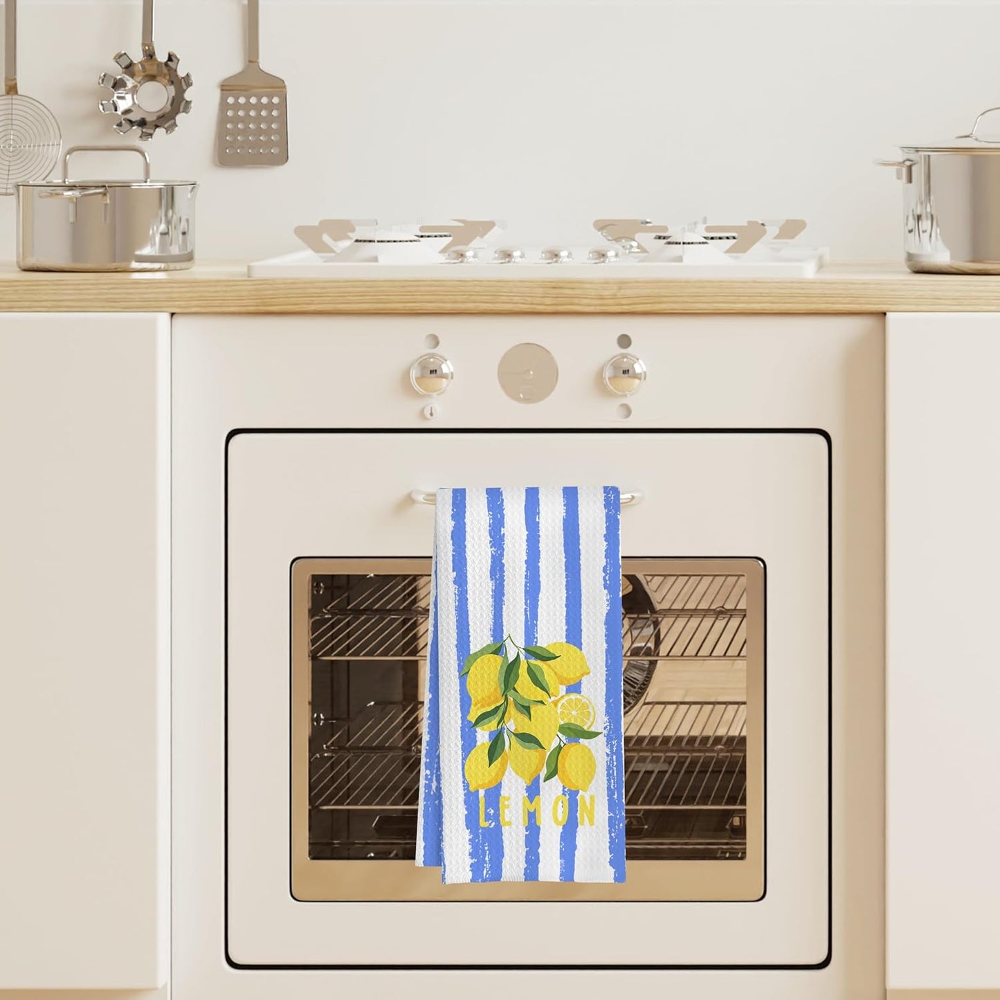 Summer Lemon Kitchen Towels, Blue and White Striped Citrus Fruit Decorative Dish Tea Hand Towels for Kitchen, Lemon Bathroom Decor, 16x24 Inch
