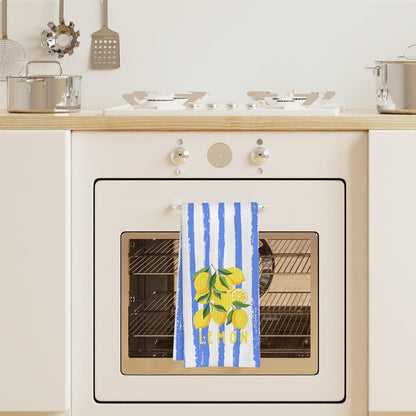 Summer Lemon Kitchen Towels, Blue and White Striped Citrus Fruit Decorative Dish Tea Hand Towels for Kitchen, Lemon Bathroom Decor, 16x24 Inch