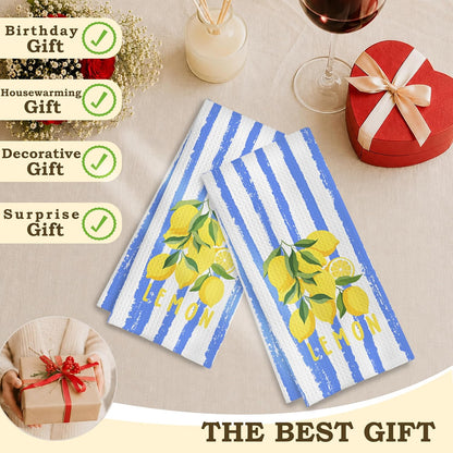 Summer Lemon Kitchen Towels, Blue and White Striped Citrus Fruit Decorative Dish Tea Hand Towels for Kitchen, Lemon Bathroom Decor, 16x24 Inch