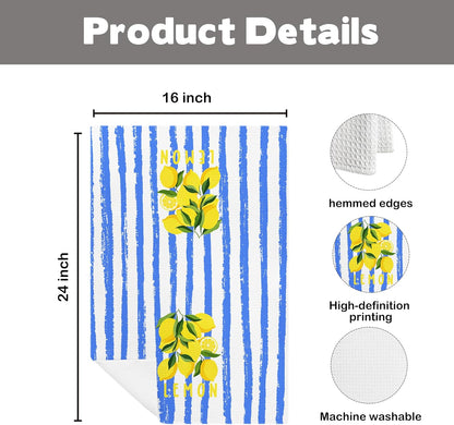 Summer Lemon Kitchen Towels, Blue and White Striped Citrus Fruit Decorative Dish Tea Hand Towels for Kitchen, Lemon Bathroom Decor, 16x24 Inch