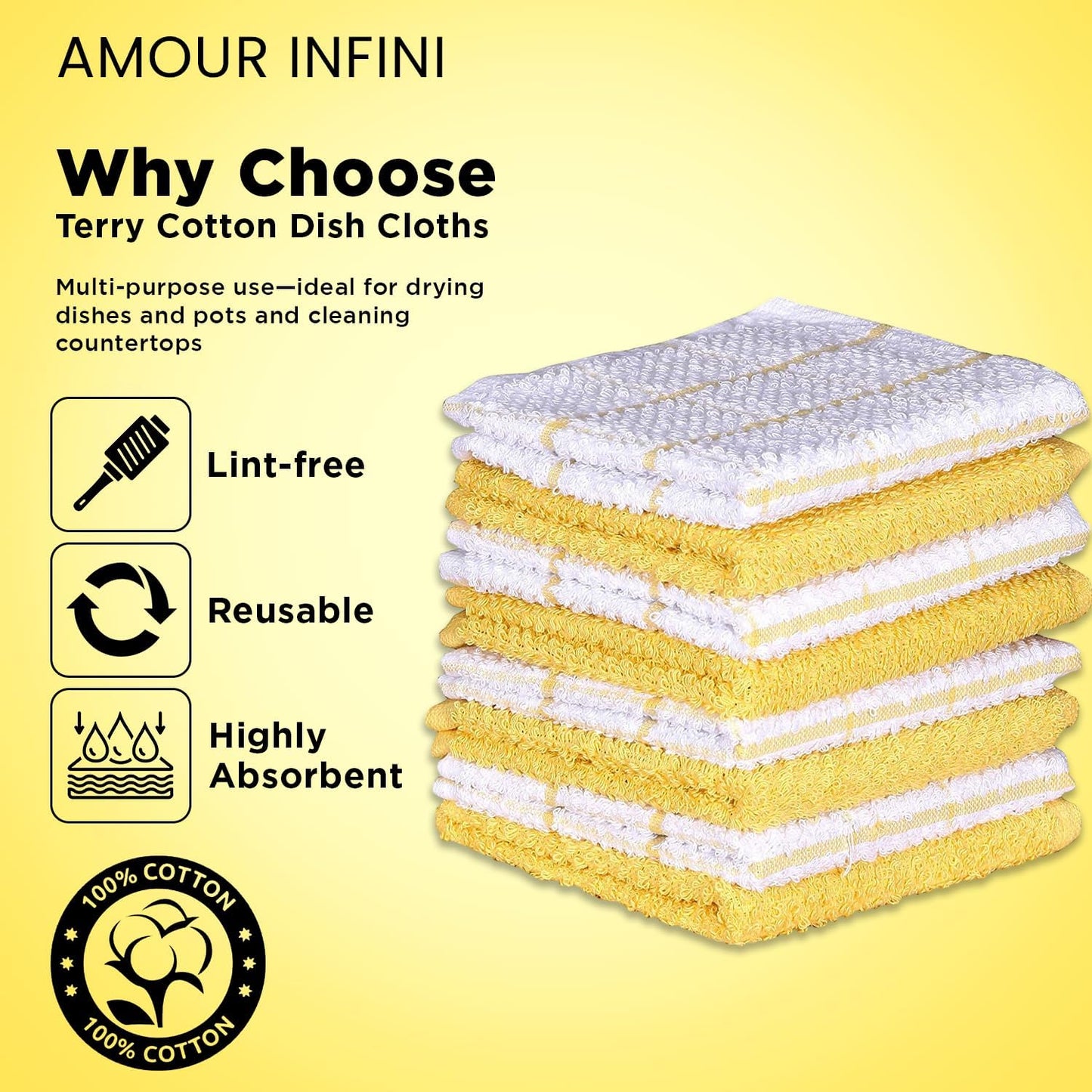 Cotton Kitchen Dish Cloths Set of 8 – Highly Absorbent, Super Soft Premium Terry Cleaning Cloth (12"x12" Inch) Premium Dishcloths for Washing Dishes (Yellow)