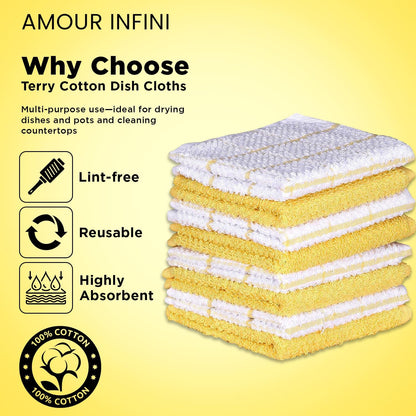 Cotton Kitchen Dish Cloths Set of 8 – Highly Absorbent, Super Soft Premium Terry Cleaning Cloth (12"x12" Inch) Premium Dishcloths for Washing Dishes (Yellow)