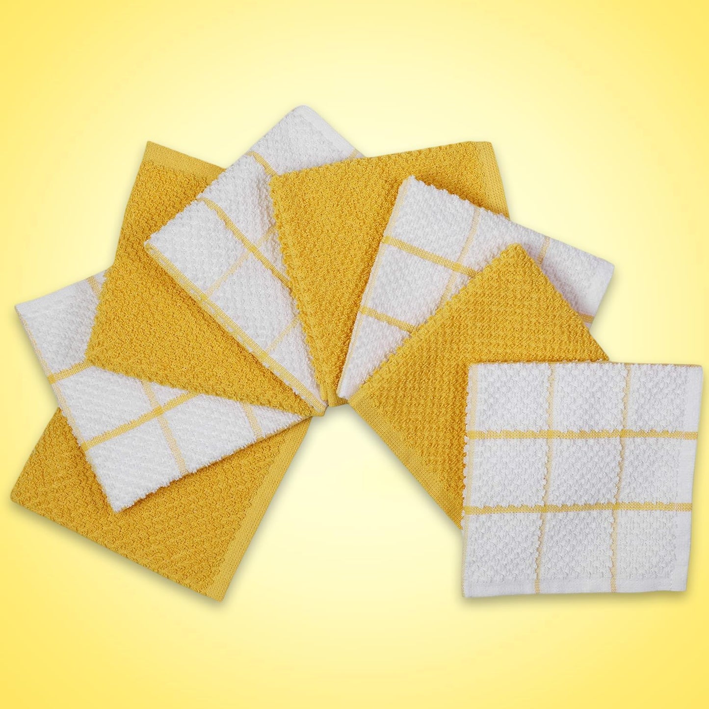 Cotton Kitchen Dish Cloths Set of 8 – Highly Absorbent, Super Soft Premium Terry Cleaning Cloth (12"x12" Inch) Premium Dishcloths for Washing Dishes (Yellow)