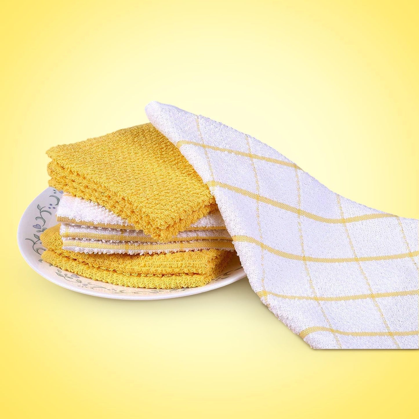 Cotton Kitchen Dish Cloths Set of 8 – Highly Absorbent, Super Soft Premium Terry Cleaning Cloth (12"x12" Inch) Premium Dishcloths for Washing Dishes (Yellow)