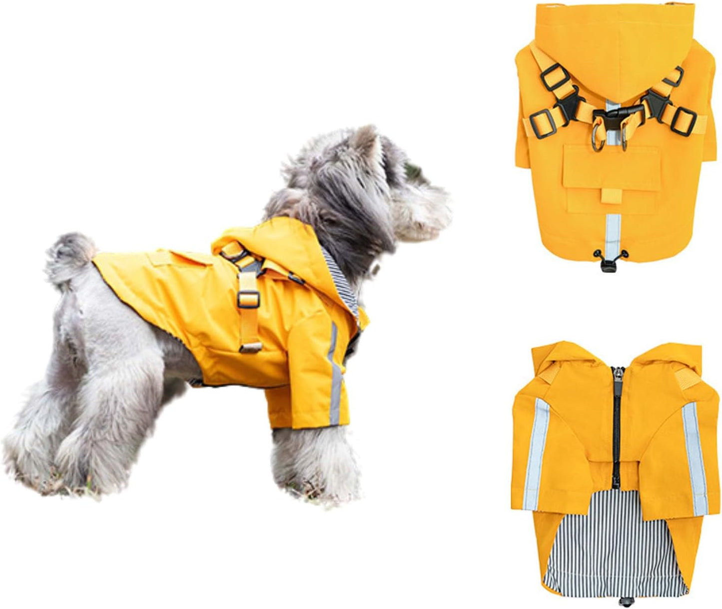 Small Dog Harness Raincoat, Hooded Waterproof Rain Jacket with Harness, Adjustable Reflective Coat for Puppy Small Dog Boy Girl Yellow XS