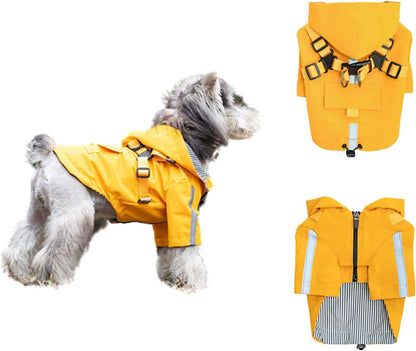 Small Dog Harness Raincoat, Hooded Waterproof Rain Jacket with Harness, Adjustable Reflective Coat for Puppy Small Dog Boy Girl Yellow XS