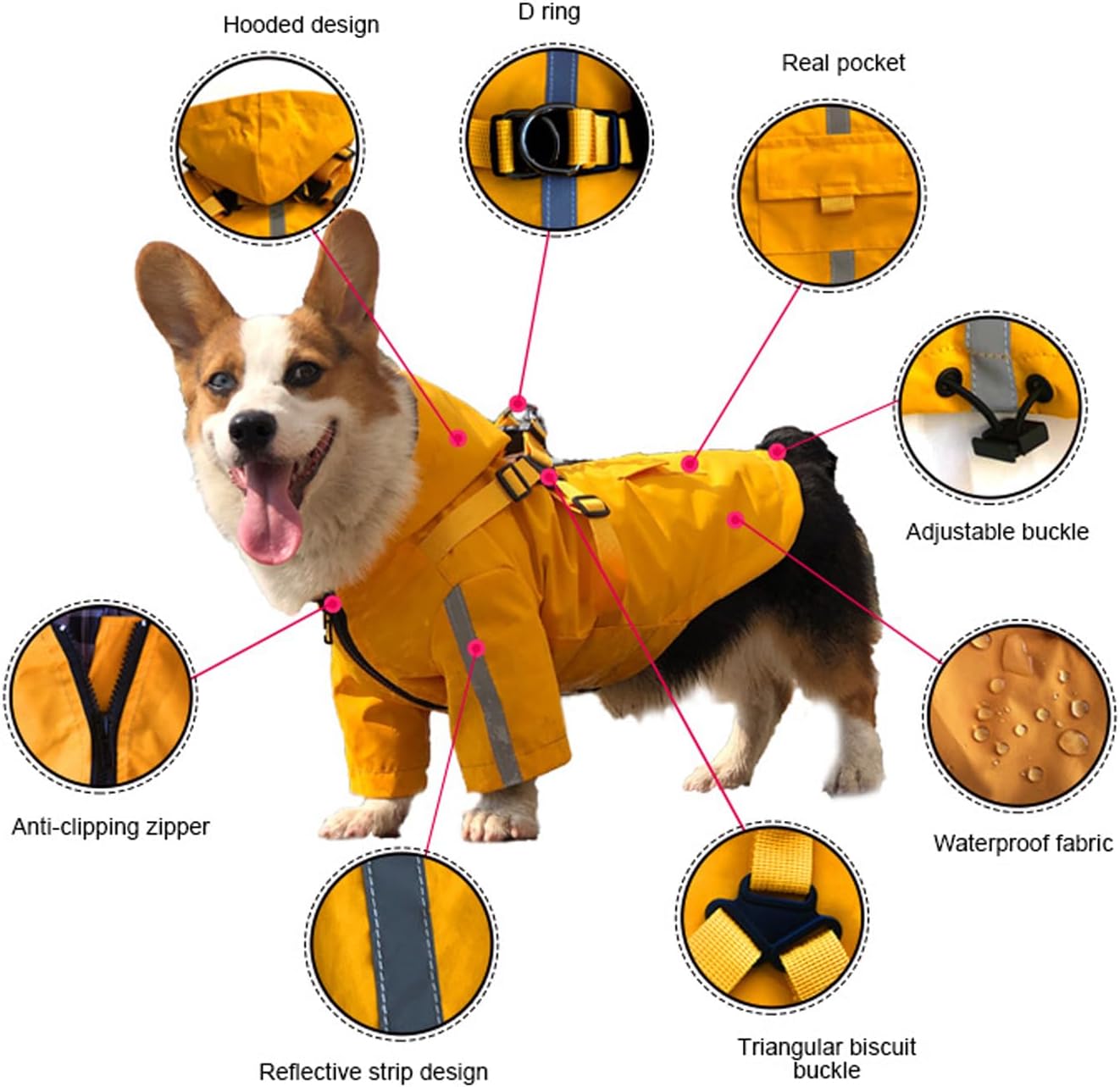 Small Dog Harness Raincoat, Hooded Waterproof Rain Jacket with Harness, Adjustable Reflective Coat for Puppy Small Dog Boy Girl Yellow XS