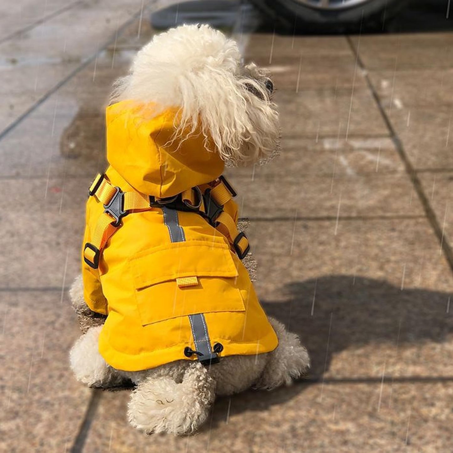 Small Dog Harness Raincoat, Hooded Waterproof Rain Jacket with Harness, Adjustable Reflective Coat for Puppy Small Dog Boy Girl Yellow XS