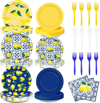 96PCS Capri Lemon Party Paper Plates Napkins and Forks for Kids Italian Tiles Lemon Party Disposable Supplies Summer Citrus Fruit Tableware Set for Birthday Wedding Baby Shower Dinnerware Decorations