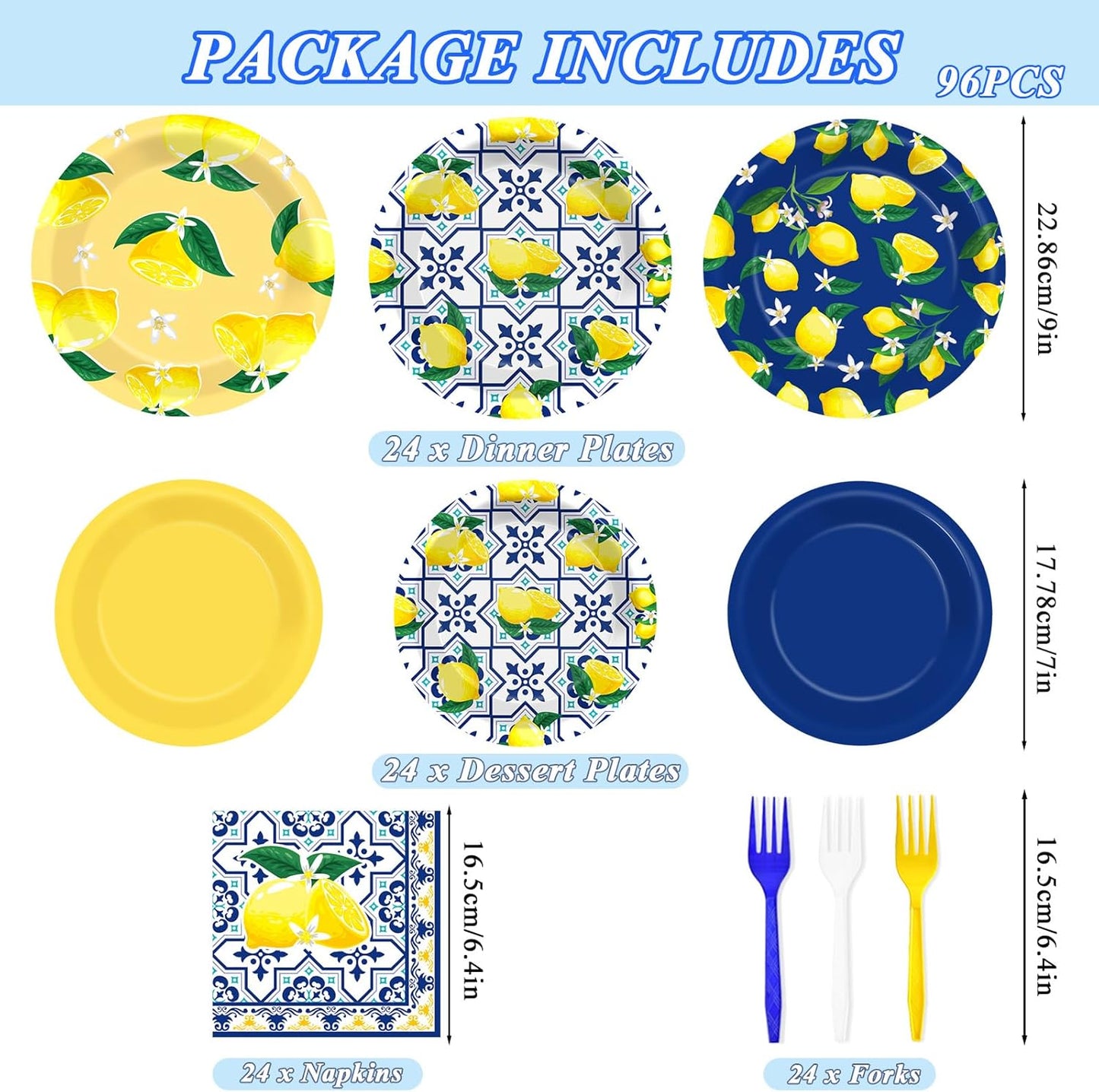 96PCS Capri Lemon Party Paper Plates Napkins and Forks for Kids Italian Tiles Lemon Party Disposable Supplies Summer Citrus Fruit Tableware Set for Birthday Wedding Baby Shower Dinnerware Decorations