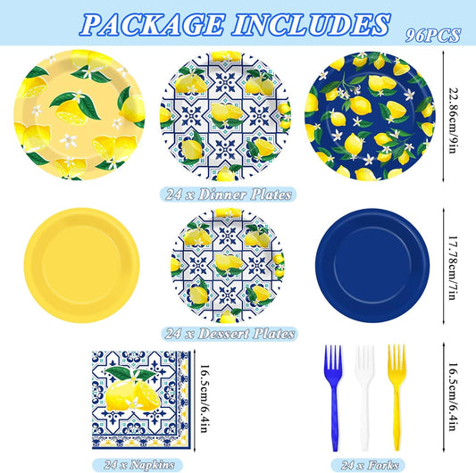 96PCS Capri Lemon Party Paper Plates Napkins and Forks for Kids Italian Tiles Lemon Party Disposable Supplies Summer Citrus Fruit Tableware Set for Birthday Wedding Baby Shower Dinnerware Decorations