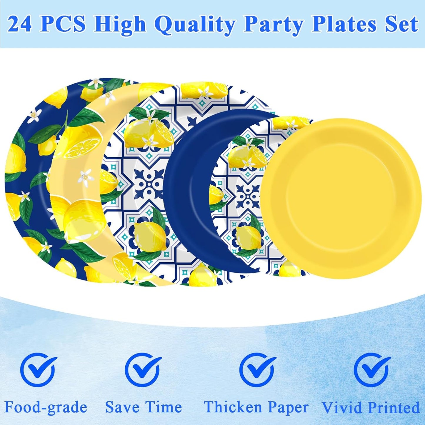 96PCS Capri Lemon Party Paper Plates Napkins and Forks for Kids Italian Tiles Lemon Party Disposable Supplies Summer Citrus Fruit Tableware Set for Birthday Wedding Baby Shower Dinnerware Decorations