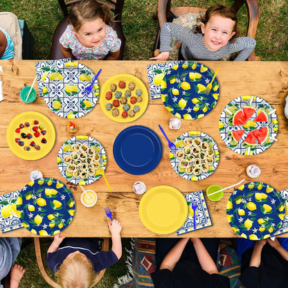 96PCS Capri Lemon Party Paper Plates Napkins and Forks for Kids Italian Tiles Lemon Party Disposable Supplies Summer Citrus Fruit Tableware Set for Birthday Wedding Baby Shower Dinnerware Decorations