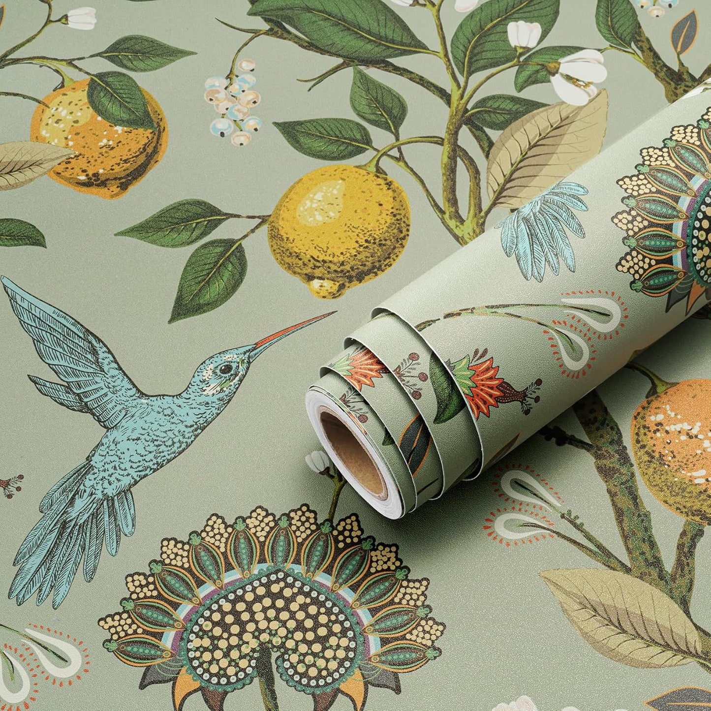 Green Floral Bird Wallpaper Peel and Stick Vintage Retro Renter Friendly Wallpaper Kitchen Cabinet Contact Paper Waterproof Gold Lemon Tree Blue Birds Self Adhesive Wall Murals 17.5x78.8"