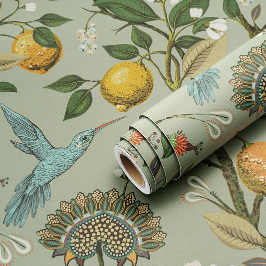 Green Floral Bird Wallpaper Peel and Stick Vintage Retro Renter Friendly Wallpaper Kitchen Cabinet Contact Paper Waterproof Gold Lemon Tree Blue Birds Self Adhesive Wall Murals 17.5x78.8"