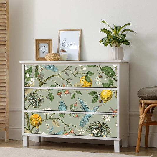 Green Floral Bird Wallpaper Peel and Stick Vintage Retro Renter Friendly Wallpaper Kitchen Cabinet Contact Paper Waterproof Gold Lemon Tree Blue Birds Self Adhesive Wall Murals 17.5x78.8"