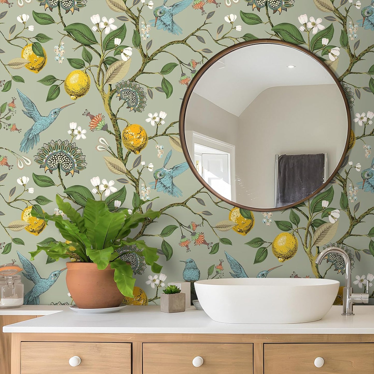 Green Floral Bird Wallpaper Peel and Stick Vintage Retro Renter Friendly Wallpaper Kitchen Cabinet Contact Paper Waterproof Gold Lemon Tree Blue Birds Self Adhesive Wall Murals 17.5x78.8"