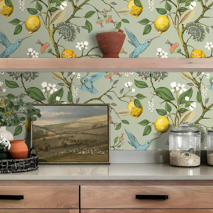 Green Floral Bird Wallpaper Peel and Stick Vintage Retro Renter Friendly Wallpaper Kitchen Cabinet Contact Paper Waterproof Gold Lemon Tree Blue Birds Self Adhesive Wall Murals 17.5x78.8"