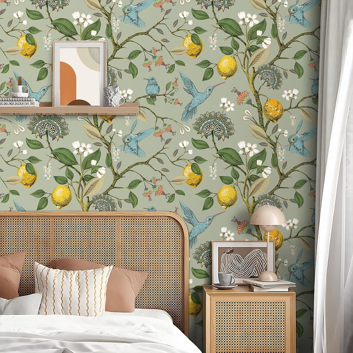 Green Floral Bird Wallpaper Peel and Stick Vintage Retro Renter Friendly Wallpaper Kitchen Cabinet Contact Paper Waterproof Gold Lemon Tree Blue Birds Self Adhesive Wall Murals 17.5x78.8"