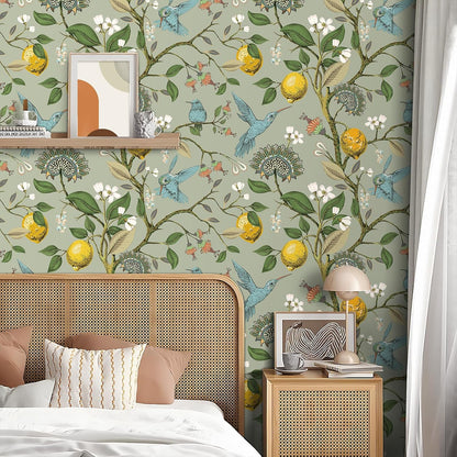 Green Floral Bird Wallpaper Peel and Stick Vintage Retro Renter Friendly Wallpaper Kitchen Cabinet Contact Paper Waterproof Gold Lemon Tree Blue Birds Self Adhesive Wall Murals 17.5x78.8"