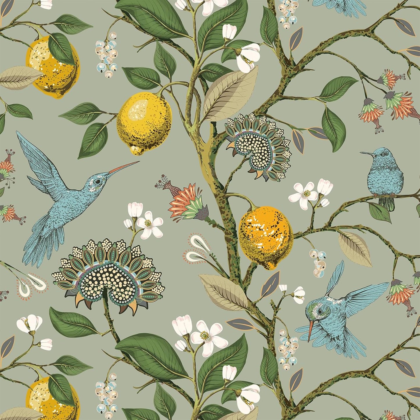 Green Floral Bird Wallpaper Peel and Stick Vintage Retro Renter Friendly Wallpaper Kitchen Cabinet Contact Paper Waterproof Gold Lemon Tree Blue Birds Self Adhesive Wall Murals 17.5x78.8"