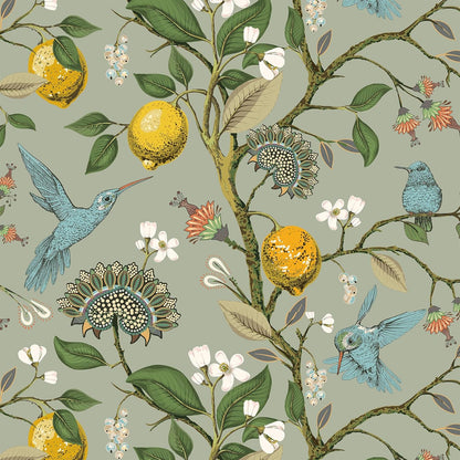 Green Floral Bird Wallpaper Peel and Stick Vintage Retro Renter Friendly Wallpaper Kitchen Cabinet Contact Paper Waterproof Gold Lemon Tree Blue Birds Self Adhesive Wall Murals 17.5x78.8"