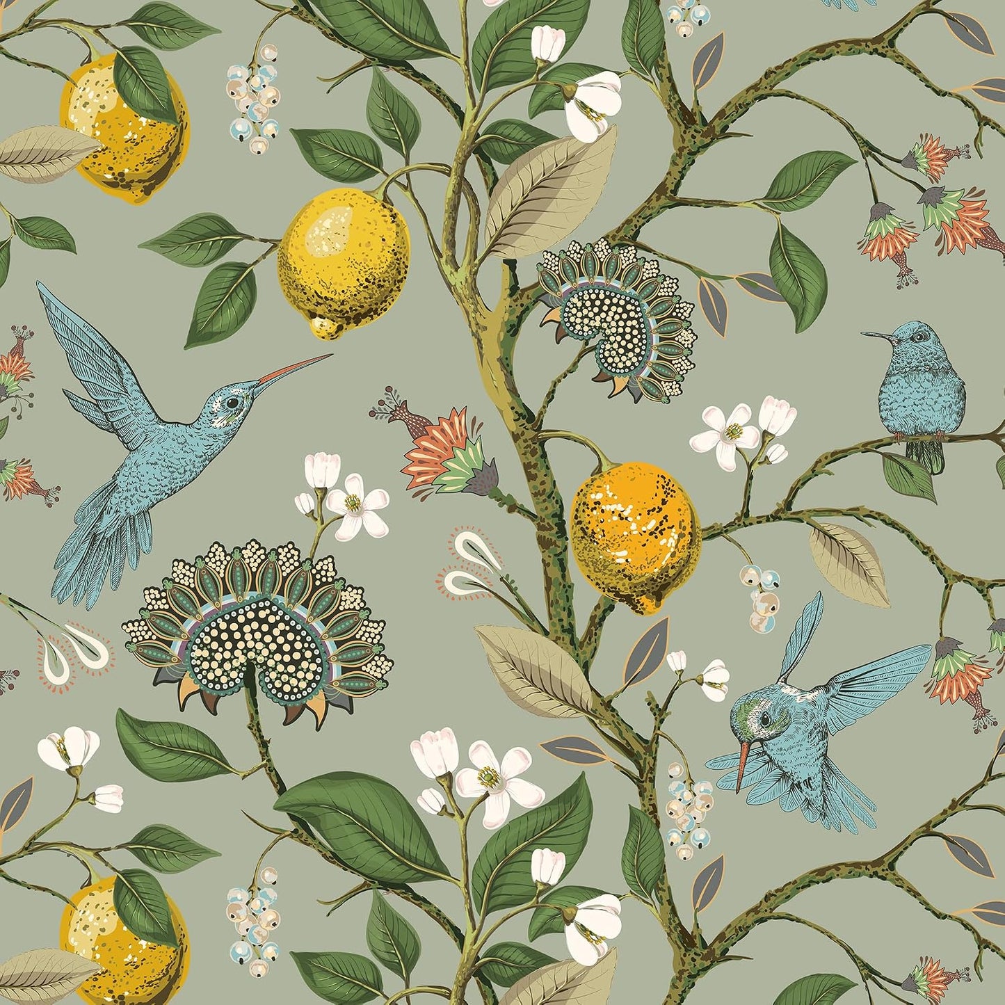 Green Floral Bird Wallpaper Peel and Stick Vintage Retro Renter Friendly Wallpaper Kitchen Cabinet Contact Paper Waterproof Gold Lemon Tree Blue Birds Self Adhesive Wall Murals 17.5x78.8"