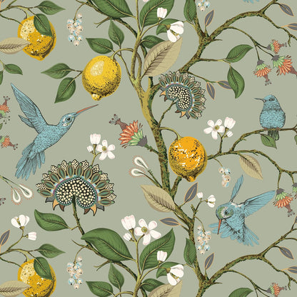 Green Floral Bird Wallpaper Peel and Stick Vintage Retro Renter Friendly Wallpaper Kitchen Cabinet Contact Paper Waterproof Gold Lemon Tree Blue Birds Self Adhesive Wall Murals 17.5x78.8"