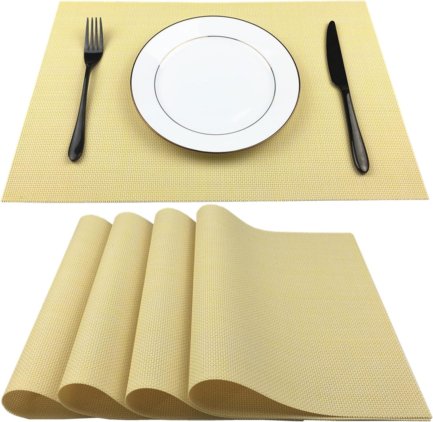 Placemats Easy to Clean Crisscross Woven Vinyl Place Mats Durable Non-Slip Heat Resistant Table Mats Placemats for Kitchen Table Set of 4,Yellow