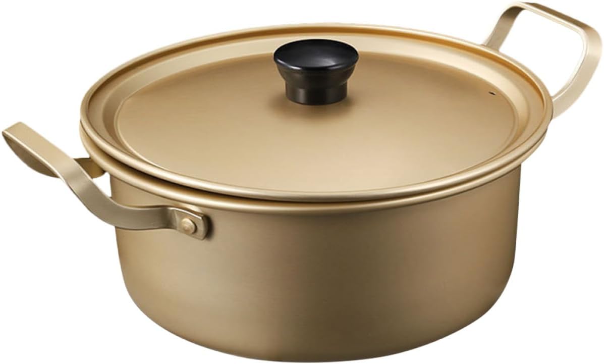 Korean Style 16cm Aluminum Ramen Pot with Lid, Double Handle Instant Noodle Cooking Pot, Lightweight Yellow Aluminum Saucepan for Stovetop Cooking