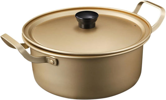 Korean Style 16cm Aluminum Ramen Pot with Lid, Double Handle Instant Noodle Cooking Pot, Lightweight Yellow Aluminum Saucepan for Stovetop Cooking