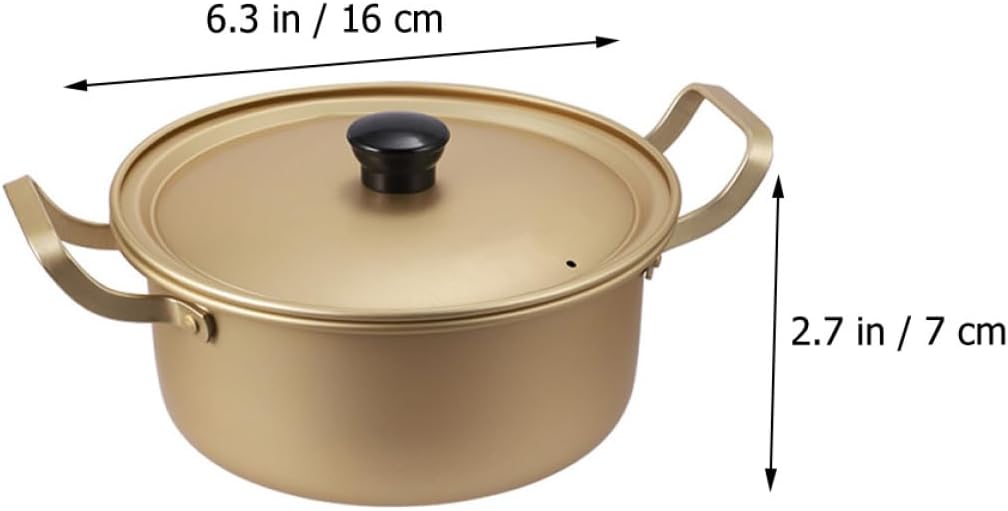 Korean Style 16cm Aluminum Ramen Pot with Lid, Double Handle Instant Noodle Cooking Pot, Lightweight Yellow Aluminum Saucepan for Stovetop Cooking