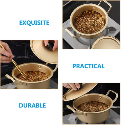 Korean Style 16cm Aluminum Ramen Pot with Lid, Double Handle Instant Noodle Cooking Pot, Lightweight Yellow Aluminum Saucepan for Stovetop Cooking