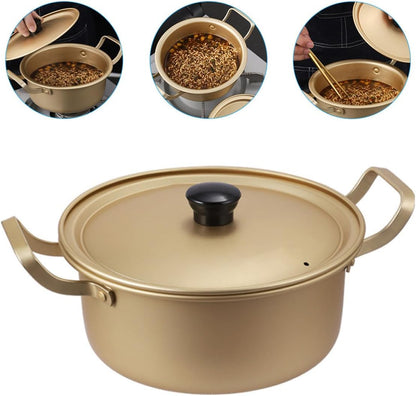 Korean Style 16cm Aluminum Ramen Pot with Lid, Double Handle Instant Noodle Cooking Pot, Lightweight Yellow Aluminum Saucepan for Stovetop Cooking