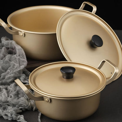 Korean Style 16cm Aluminum Ramen Pot with Lid, Double Handle Instant Noodle Cooking Pot, Lightweight Yellow Aluminum Saucepan for Stovetop Cooking