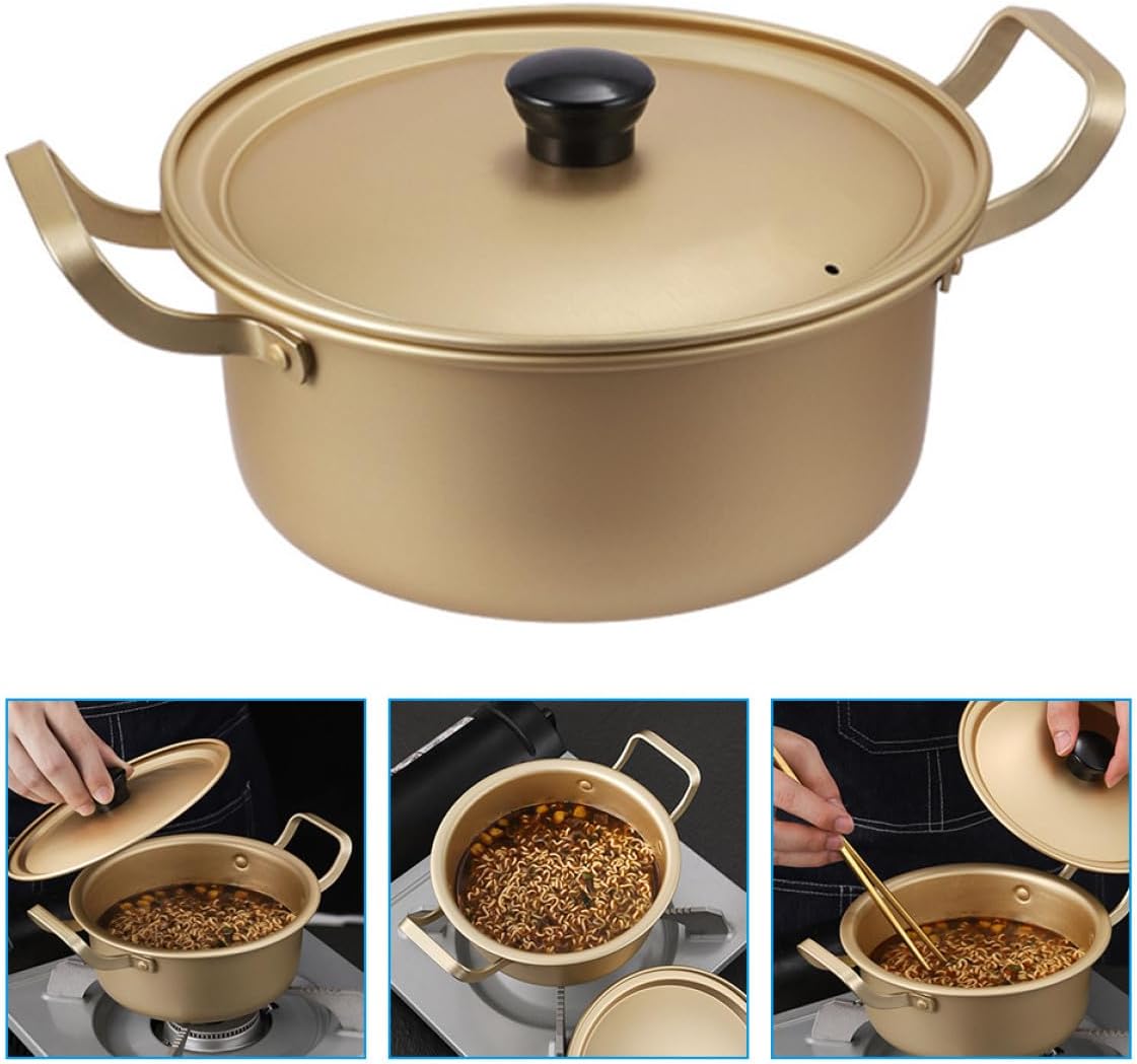 Korean Style 16cm Aluminum Ramen Pot with Lid, Double Handle Instant Noodle Cooking Pot, Lightweight Yellow Aluminum Saucepan for Stovetop Cooking