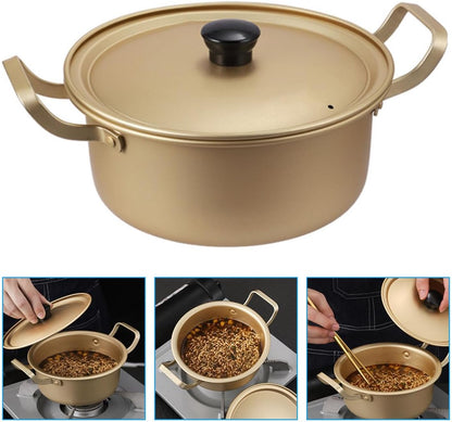Korean Style 16cm Aluminum Ramen Pot with Lid, Double Handle Instant Noodle Cooking Pot, Lightweight Yellow Aluminum Saucepan for Stovetop Cooking